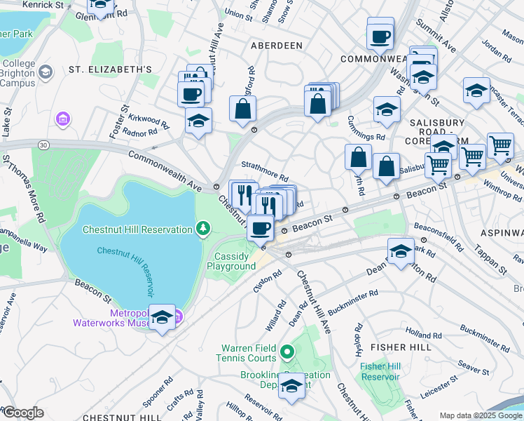 map of restaurants, bars, coffee shops, grocery stores, and more near 4 Chiswick Road in Boston