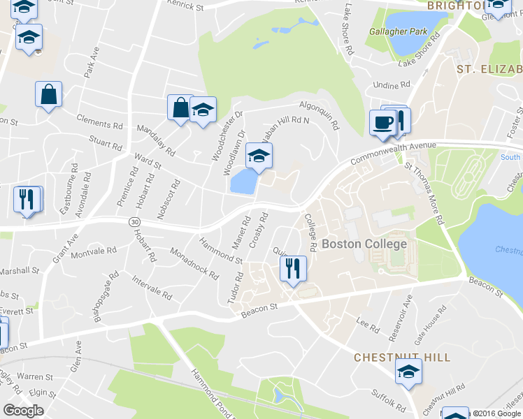 map of restaurants, bars, coffee shops, grocery stores, and more near 219 Commonwealth Avenue in Newton