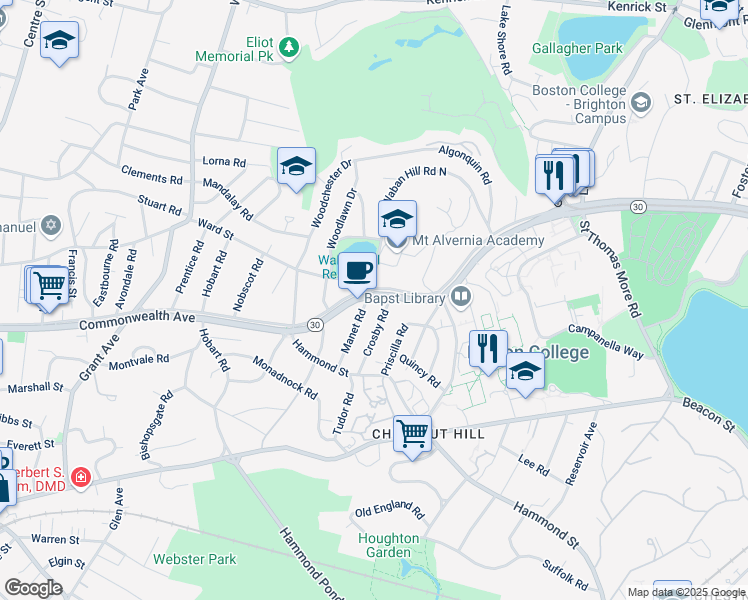 map of restaurants, bars, coffee shops, grocery stores, and more near 219 Commonwealth Avenue in Newton