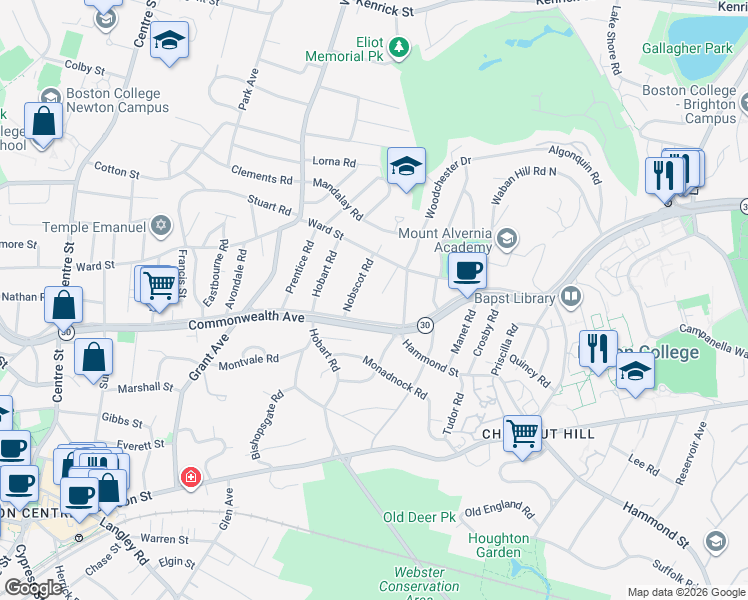 map of restaurants, bars, coffee shops, grocery stores, and more near 21 Merrill Road in Newton