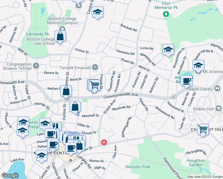map of restaurants, bars, coffee shops, grocery stores, and more near 143 Eastbourne Road in Newton