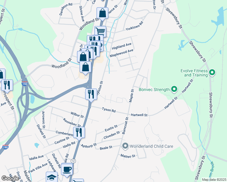 map of restaurants, bars, coffee shops, grocery stores, and more near 1200 West Boylston Street in Worcester