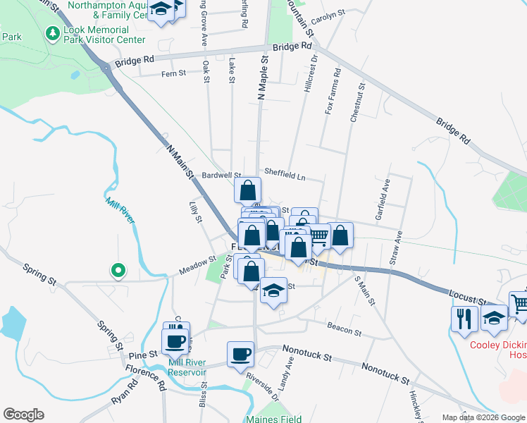 map of restaurants, bars, coffee shops, grocery stores, and more near 45-55 North Maple Street in Northampton