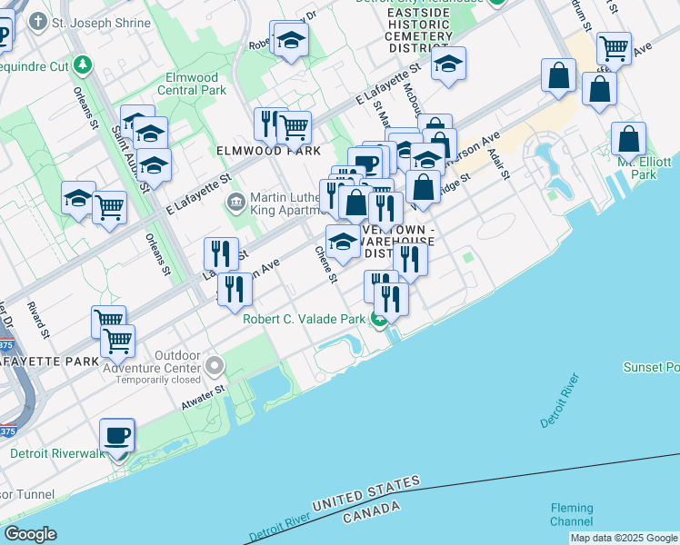 map of restaurants, bars, coffee shops, grocery stores, and more near 2629 Franklin Street in Detroit
