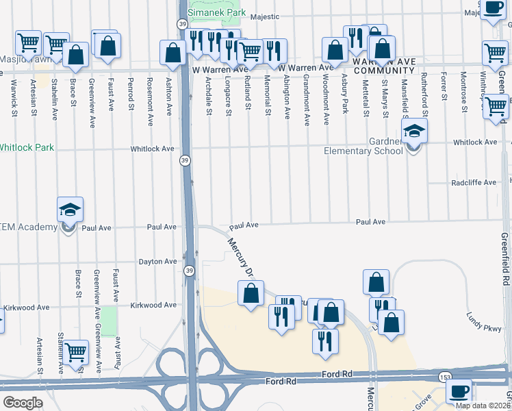 map of restaurants, bars, coffee shops, grocery stores, and more near 6391 Memorial Street in Detroit