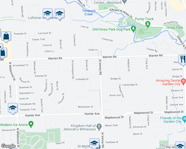 map of restaurants, bars, coffee shops, grocery stores, and more near 7017 Bonnie Drive in Westland