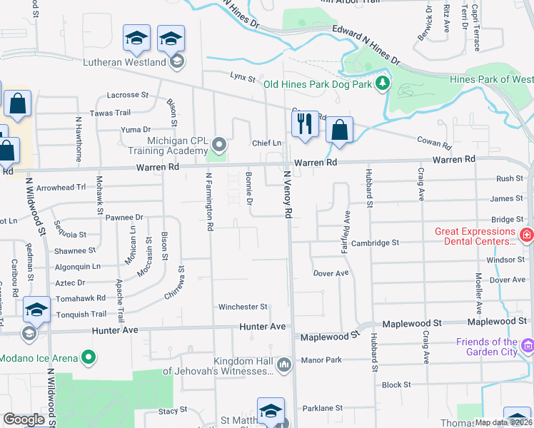 map of restaurants, bars, coffee shops, grocery stores, and more near 7017 Bonnie Drive in Westland
