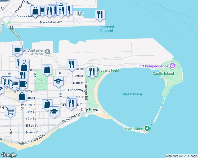 map of restaurants, bars, coffee shops, grocery stores, and more near 1942 William J Day Boulevard in Boston