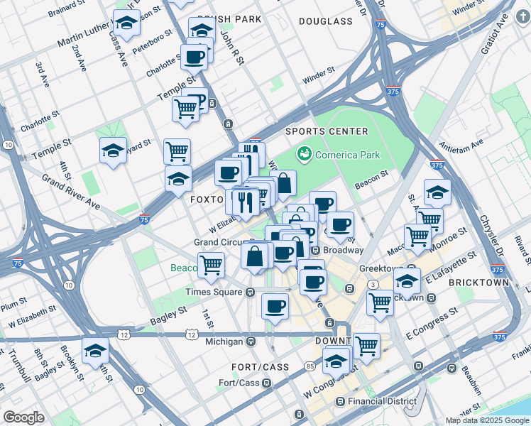 map of restaurants, bars, coffee shops, grocery stores, and more near 10 West Adams Avenue in Detroit