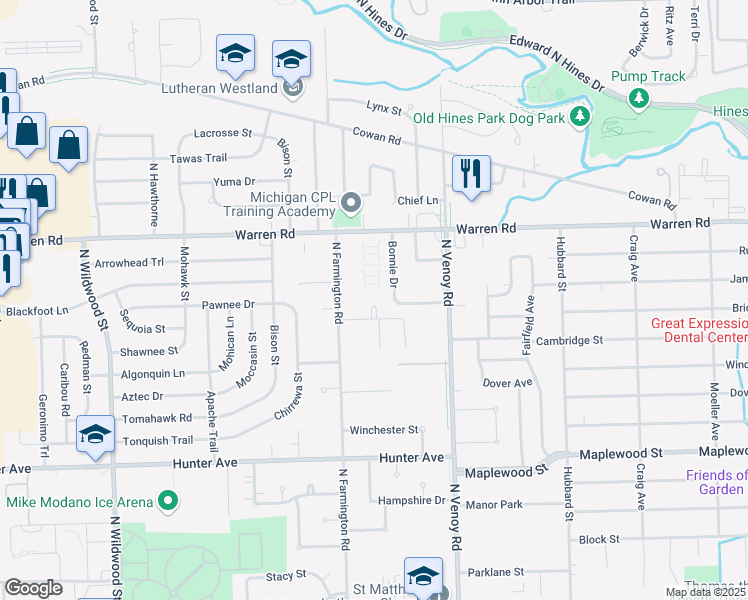 map of restaurants, bars, coffee shops, grocery stores, and more near 6910 Yorkdale Court in Westland
