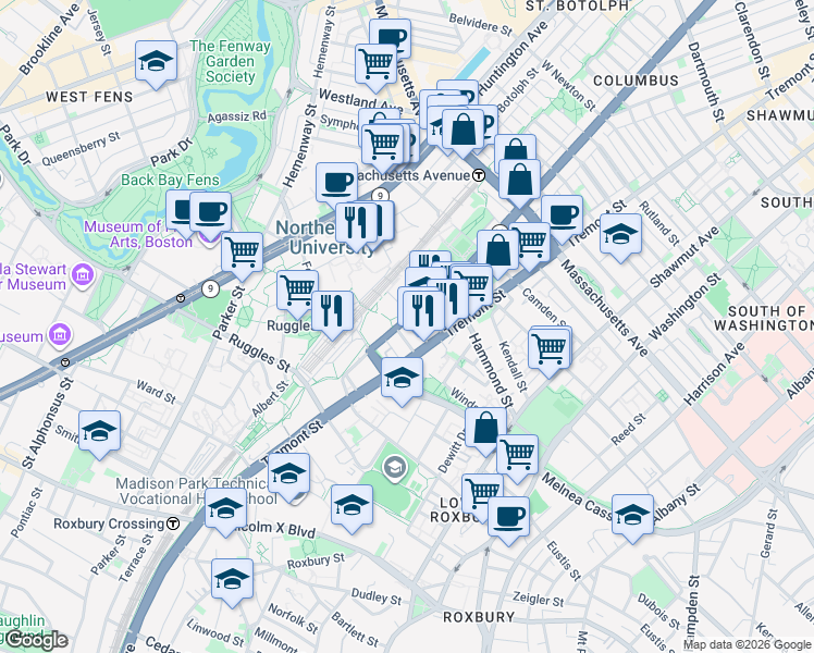 map of restaurants, bars, coffee shops, grocery stores, and more near in Boston
