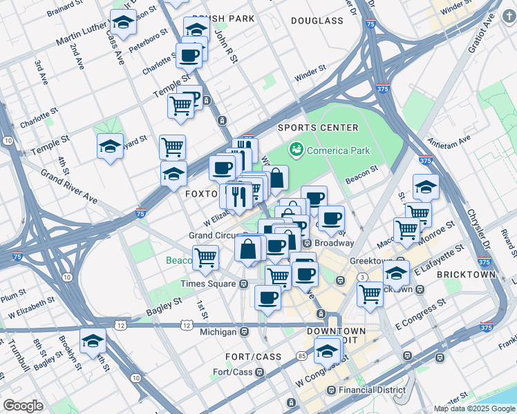 map of restaurants, bars, coffee shops, grocery stores, and more near 26 West Elizabeth Street in Detroit