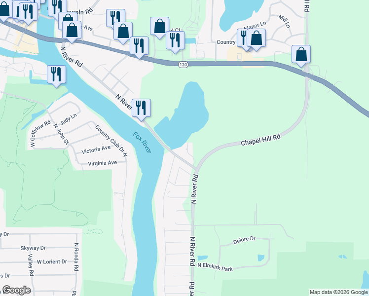 map of restaurants, bars, coffee shops, grocery stores, and more near 707 Quinn Road in McHenry