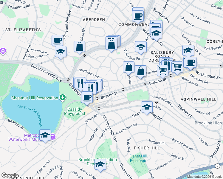 map of restaurants, bars, coffee shops, grocery stores, and more near 1 Reservoir Court in Brookline