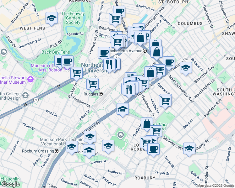 map of restaurants, bars, coffee shops, grocery stores, and more near 815 Columbus Avenue in Boston