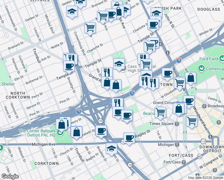 map of restaurants, bars, coffee shops, grocery stores, and more near 2455 Grand River Avenue in Detroit