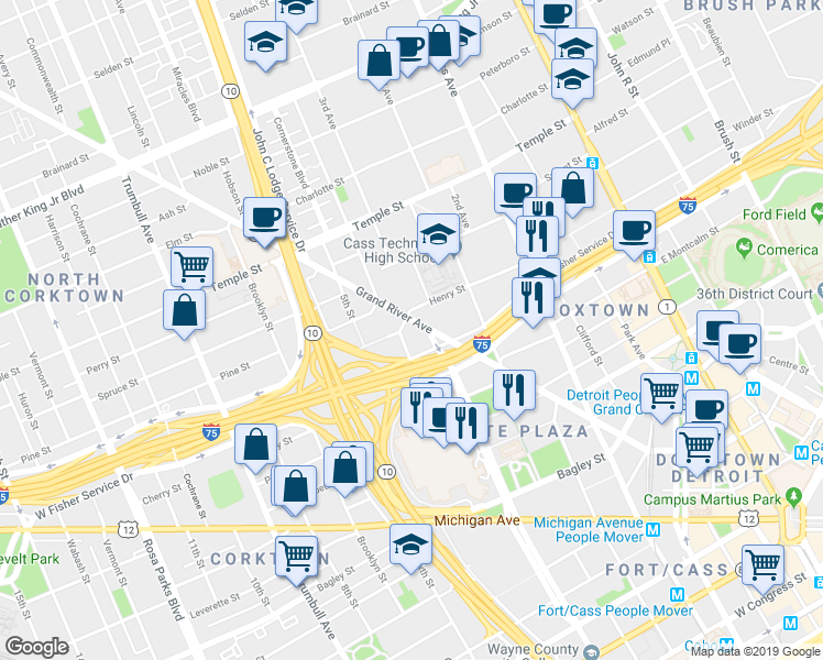 map of restaurants, bars, coffee shops, grocery stores, and more near 2455 Grand River Avenue in Detroit