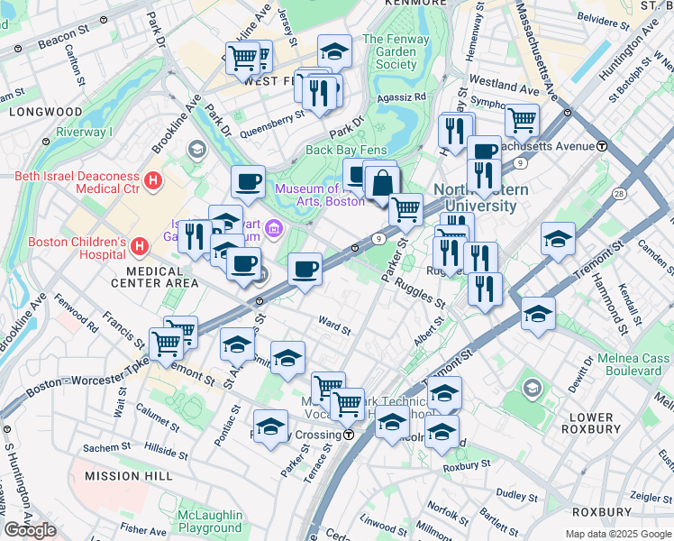 map of restaurants, bars, coffee shops, grocery stores, and more near 560 Huntington Avenue in Boston