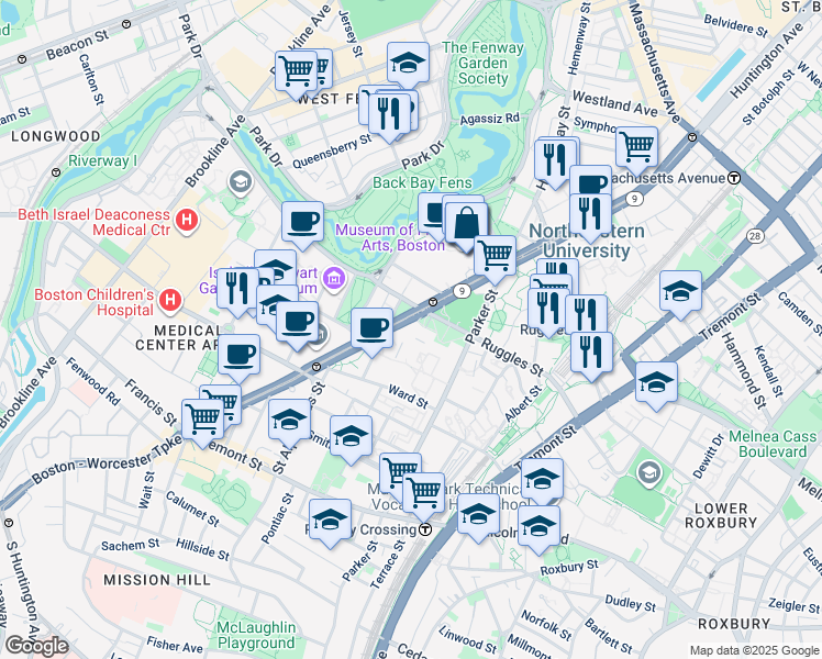 map of restaurants, bars, coffee shops, grocery stores, and more near 560 Huntington Avenue in Boston