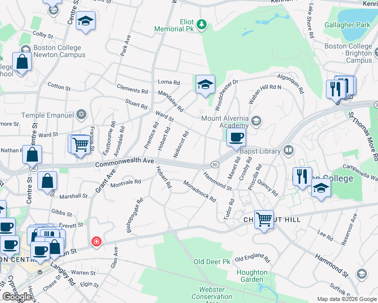 map of restaurants, bars, coffee shops, grocery stores, and more near 21 Merrill Road in Newton