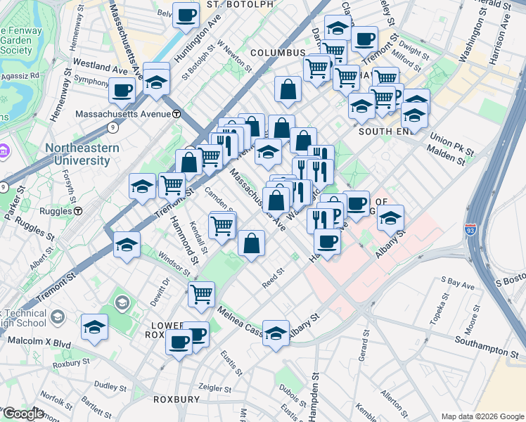 map of restaurants, bars, coffee shops, grocery stores, and more near 620 Massachusetts Avenue in Boston