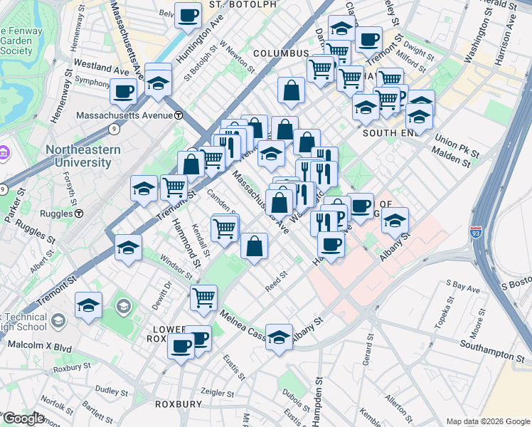 map of restaurants, bars, coffee shops, grocery stores, and more near 620 Massachusetts Avenue in Boston