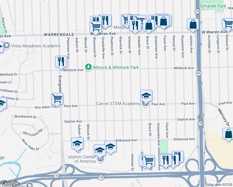 map of restaurants, bars, coffee shops, grocery stores, and more near 6410 Piedmont Street in Detroit
