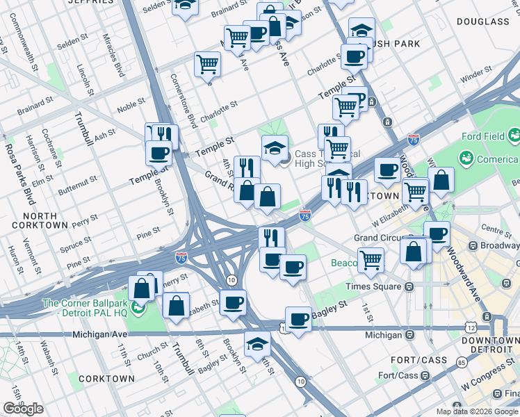 map of restaurants, bars, coffee shops, grocery stores, and more near 2455 West Grand River Avenue in Detroit