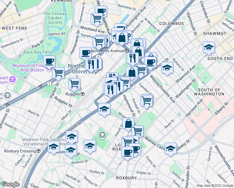 map of restaurants, bars, coffee shops, grocery stores, and more near 724 Columbus Avenue in Boston