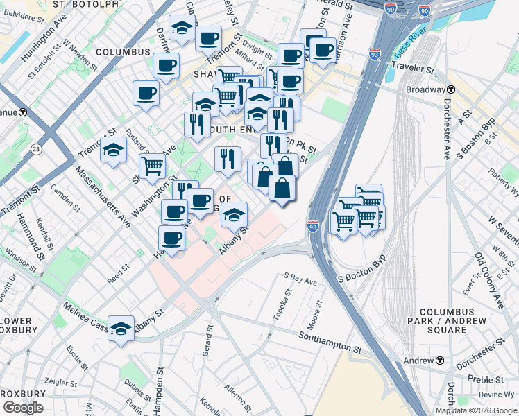 map of restaurants, bars, coffee shops, grocery stores, and more near 595 Albany Street in Boston