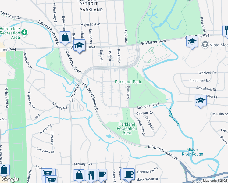 map of restaurants, bars, coffee shops, grocery stores, and more near 6621 Dolphin in Dearborn Heights
