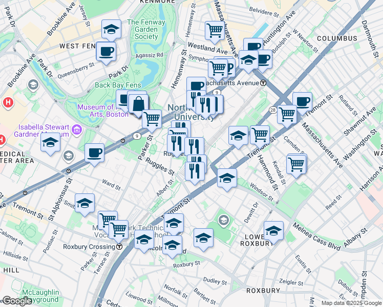 map of restaurants, bars, coffee shops, grocery stores, and more near 1150 Tremont Street in Boston