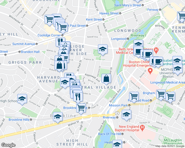 map of restaurants, bars, coffee shops, grocery stores, and more near 62 Toxteth Street in Brookline