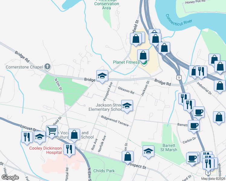 map of restaurants, bars, coffee shops, grocery stores, and more near 20 Francis Street in Northampton