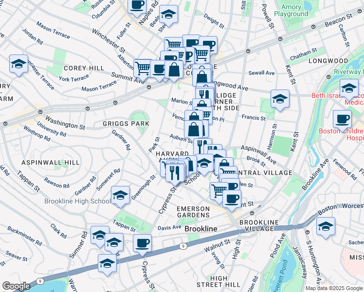 map of restaurants, bars, coffee shops, grocery stores, and more near 2 Washburn Place in Brookline