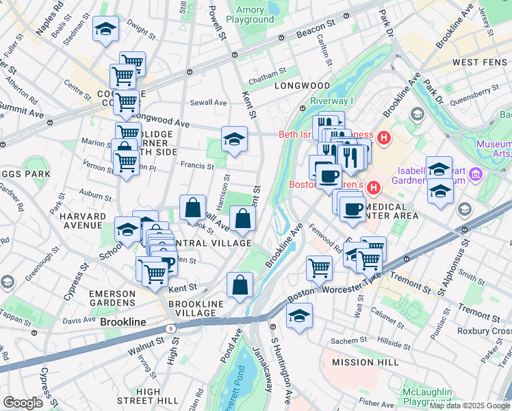 map of restaurants, bars, coffee shops, grocery stores, and more near 186 Kent Street in Brookline