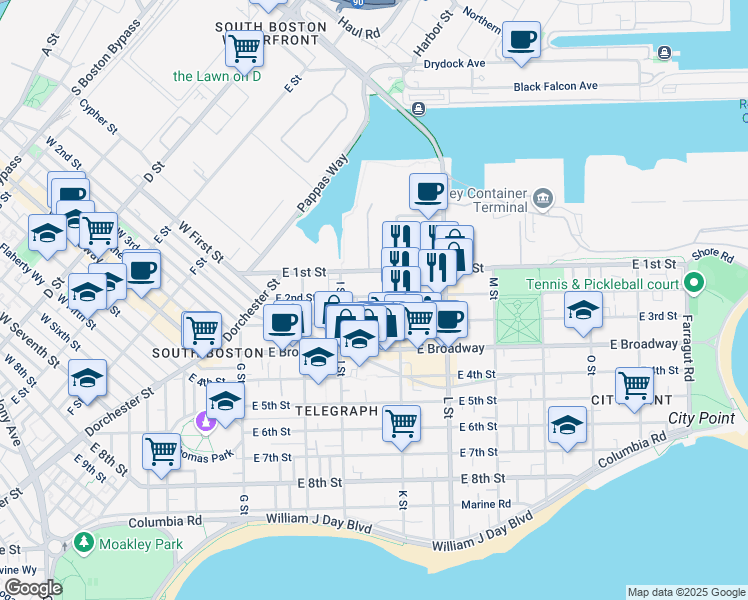 map of restaurants, bars, coffee shops, grocery stores, and more near 617-619 East 2nd Street in Boston