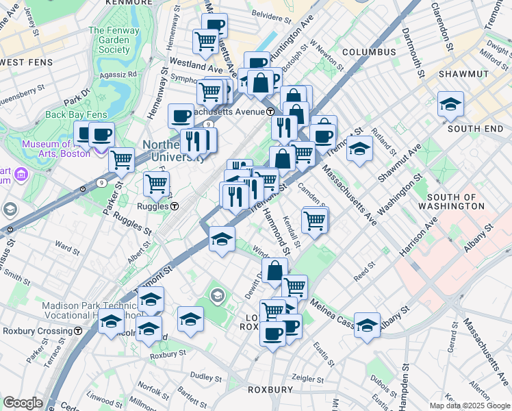 map of restaurants, bars, coffee shops, grocery stores, and more near 724 Columbus Avenue in Boston