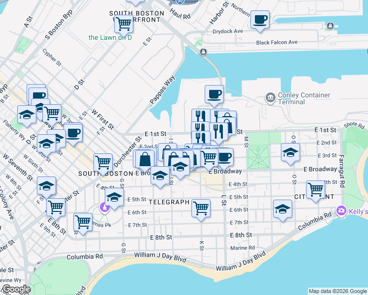 map of restaurants, bars, coffee shops, grocery stores, and more near 618 East 2nd Street in Boston