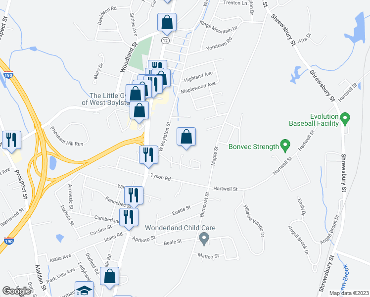 map of restaurants, bars, coffee shops, grocery stores, and more near 1200 W Boylston St in Worcester