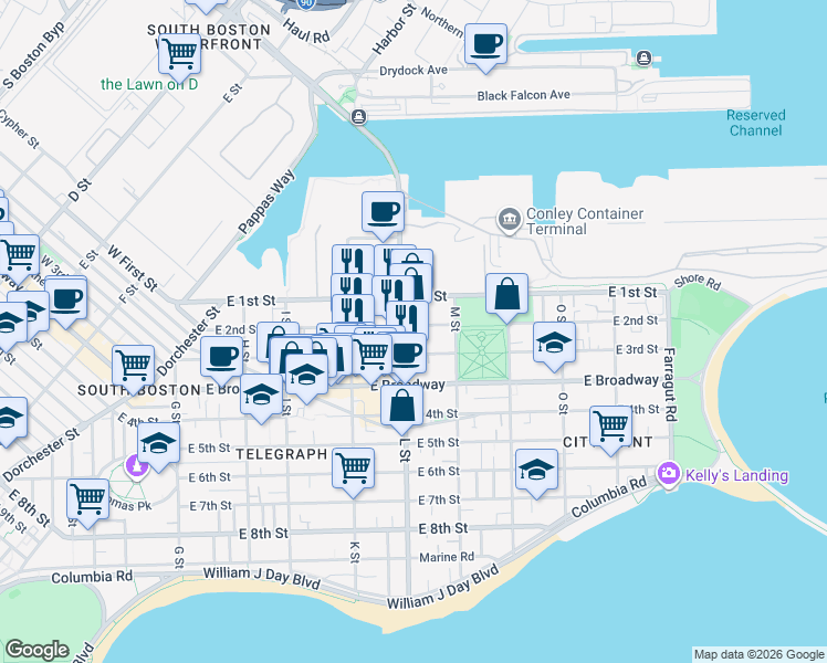 map of restaurants, bars, coffee shops, grocery stores, and more near in Boston