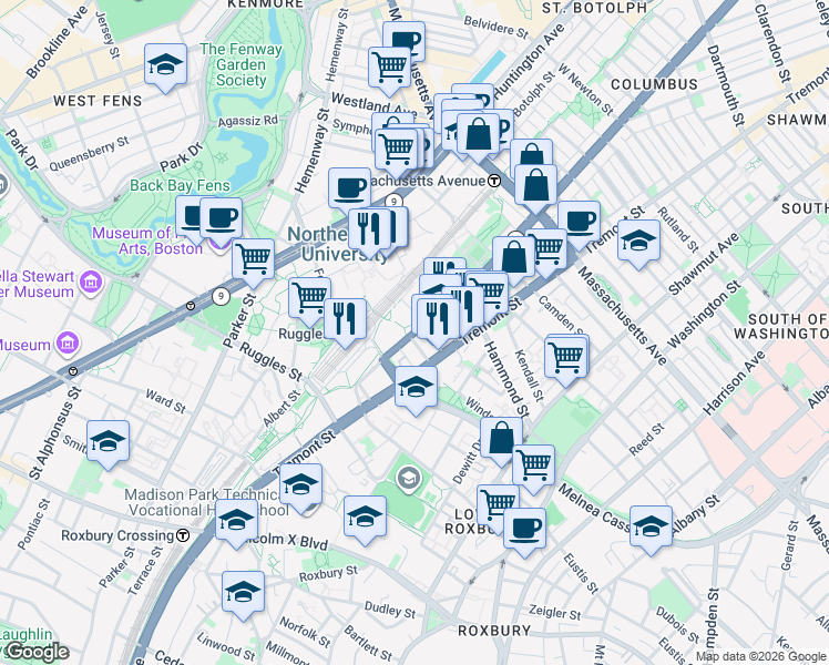 map of restaurants, bars, coffee shops, grocery stores, and more near in Boston