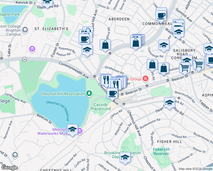 map of restaurants, bars, coffee shops, grocery stores, and more near 134 Englewood Avenue in Boston