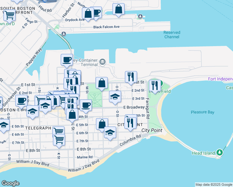 map of restaurants, bars, coffee shops, grocery stores, and more near 31 O Street in Boston