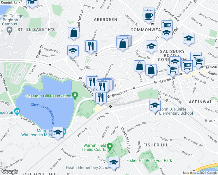 map of restaurants, bars, coffee shops, grocery stores, and more near Orkney Rd & Ayr Rd in Boston