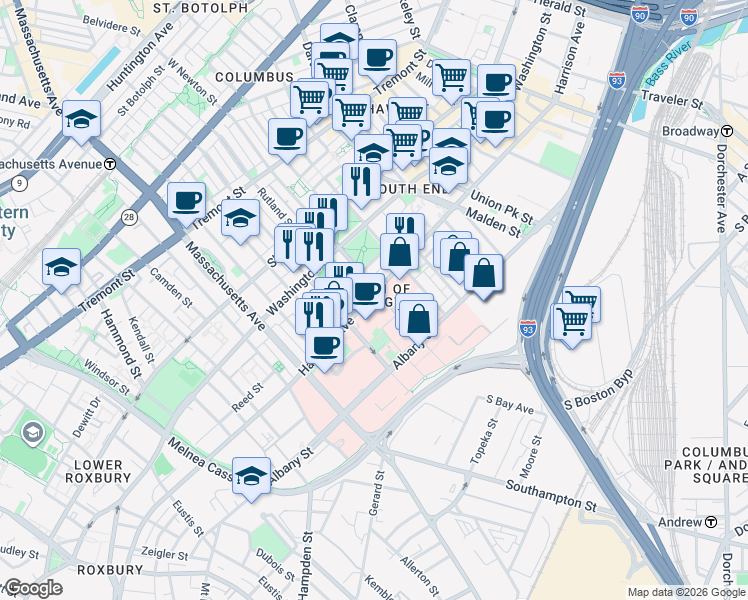 map of restaurants, bars, coffee shops, grocery stores, and more near 732 Harrison Avenue in Boston