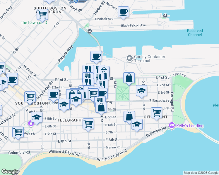 map of restaurants, bars, coffee shops, grocery stores, and more near 730 East 2nd Street in Boston