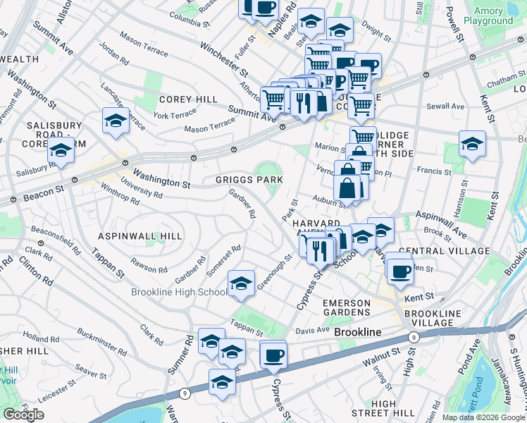 map of restaurants, bars, coffee shops, grocery stores, and more near 504 Washington Street in Brookline