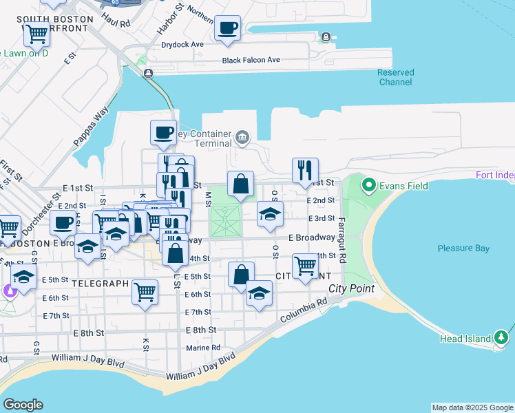 map of restaurants, bars, coffee shops, grocery stores, and more near 40 N Street in Boston