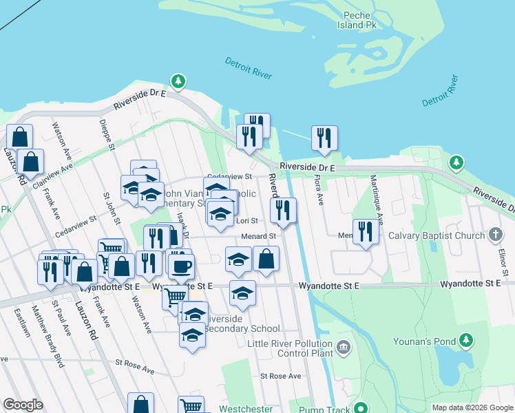 map of restaurants, bars, coffee shops, grocery stores, and more near 449 Greendale Drive in Windsor